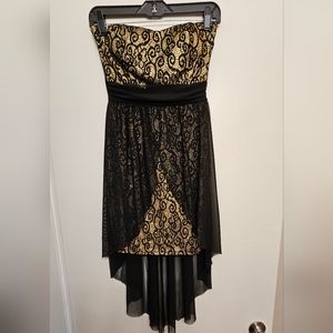 Black and gold lace hi low cocktail party dress